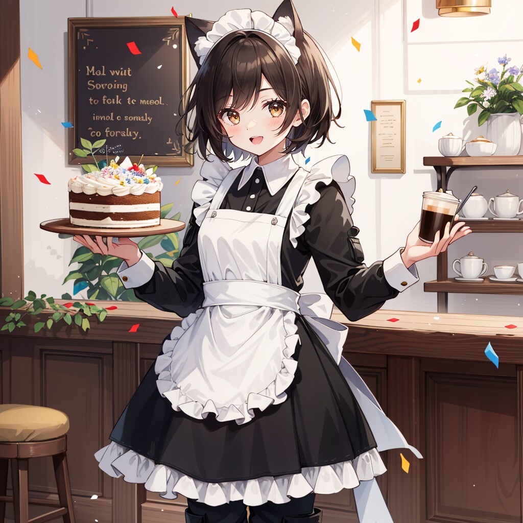 ケーキでお祝いする喫茶店で働く猫娘