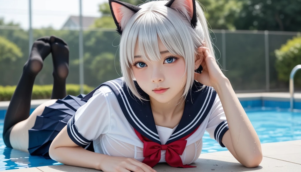 狙ってる？それとも天然？「見えそうで見えない」が後ろから覗きたい衝動を駆り立てる！この猫耳をつけた愛らしい顔で、こちらをじっと見つめる瞳。 可愛いすぎて「最高」としか言えない！  しかもよく見ると、濡