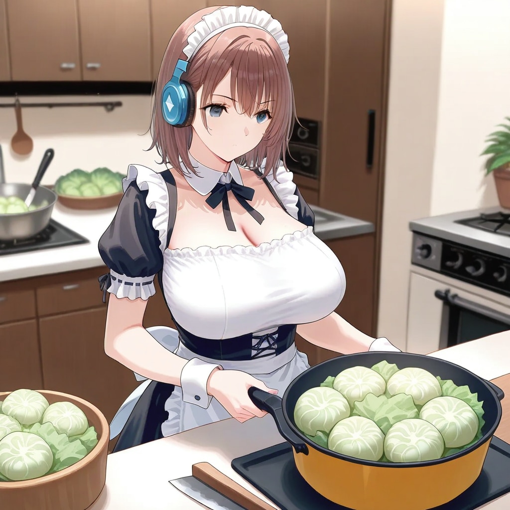 茶髪爆乳メイド調理中