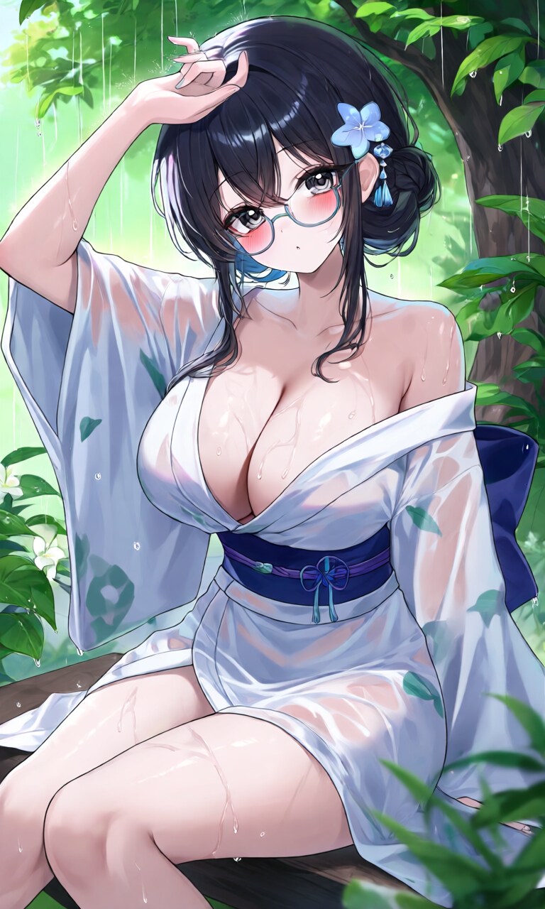 雨に濡れたメガネ女子