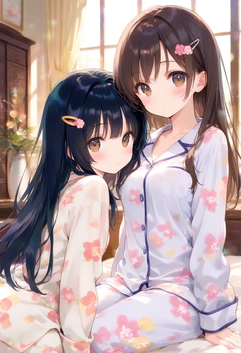 sisters in pajamas(水彩タッチ)