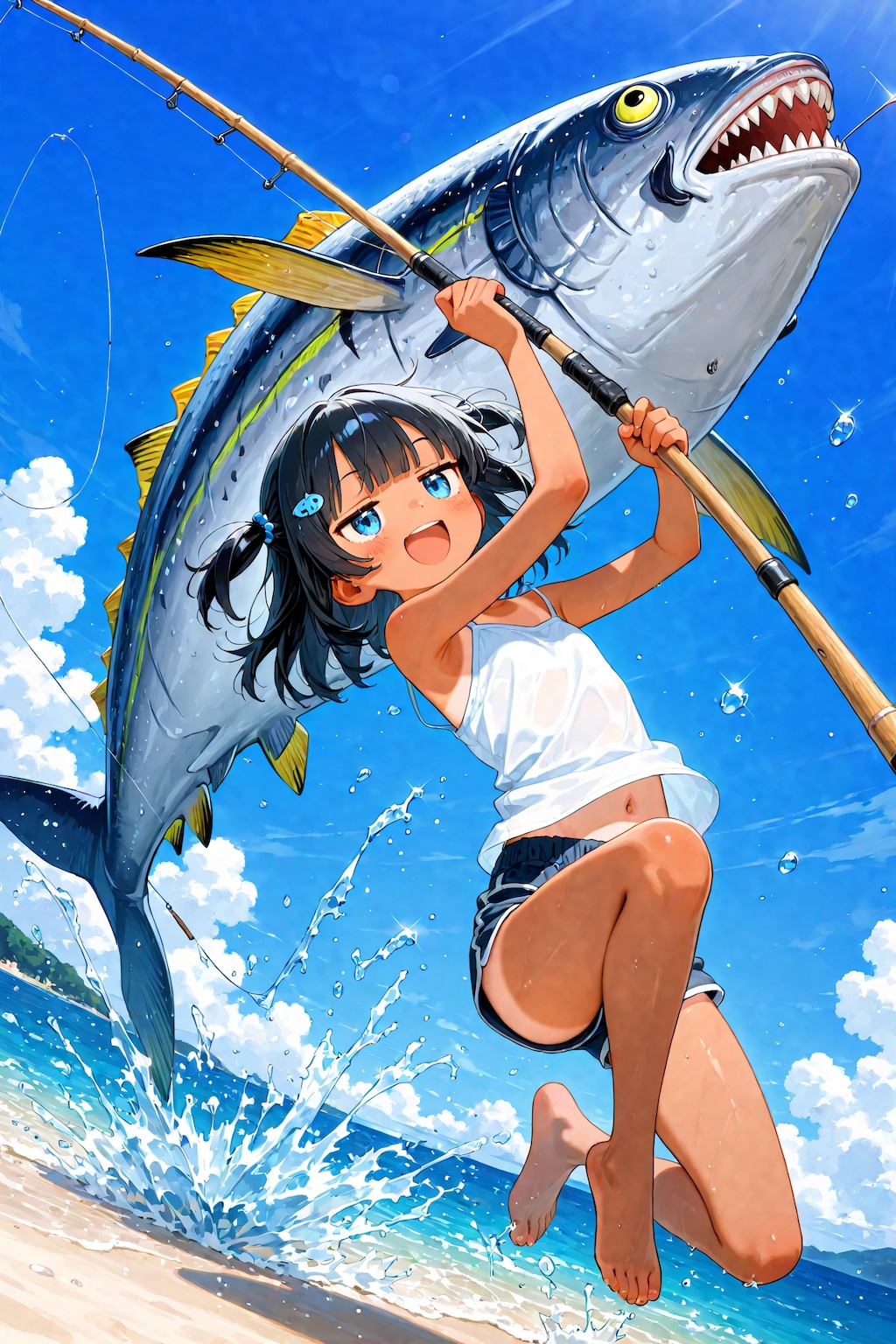 572㎝のマグロを釣り上げるこなつ