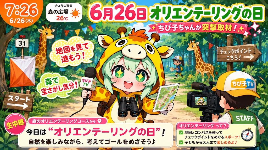 オリエンテーリングを楽しむキリン着ぐるみちび子ちゃん