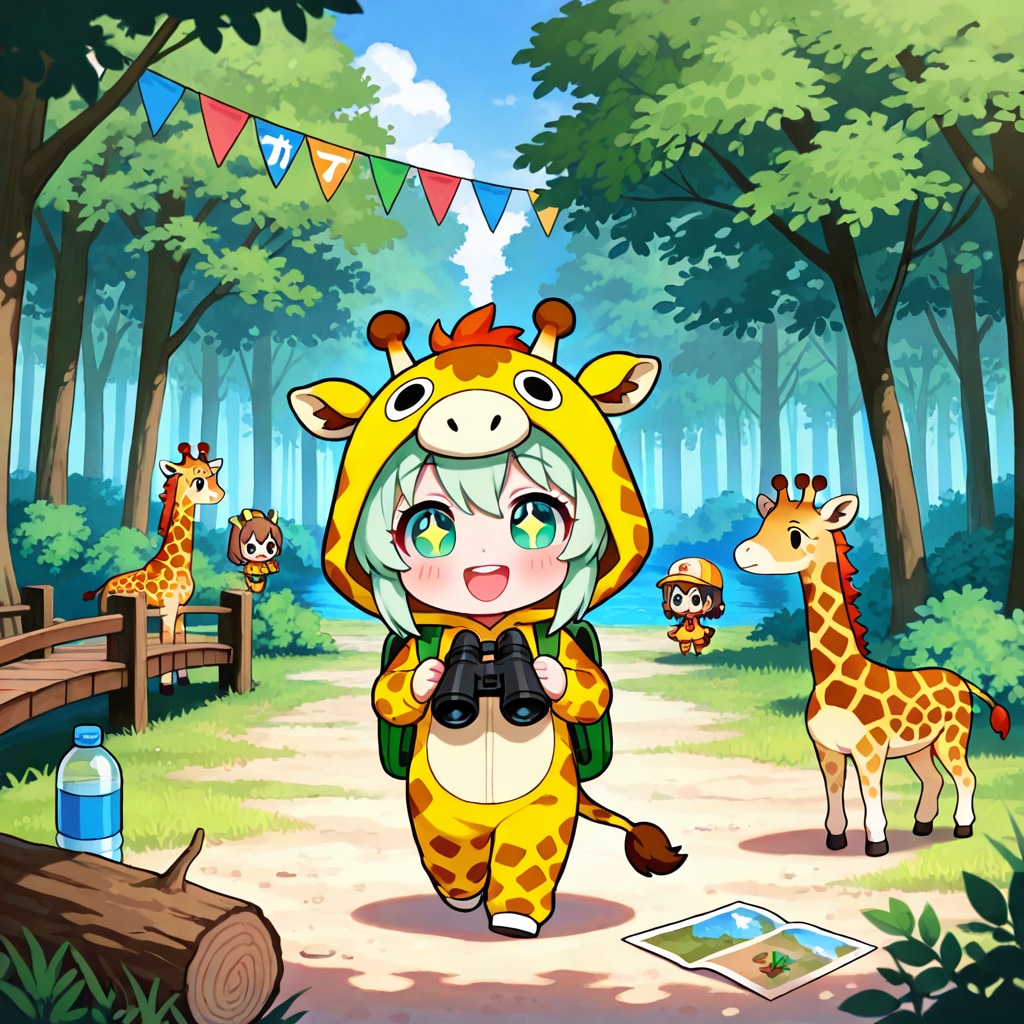 オリエンテーリングを楽しむキリン着ぐるみちび子ちゃん