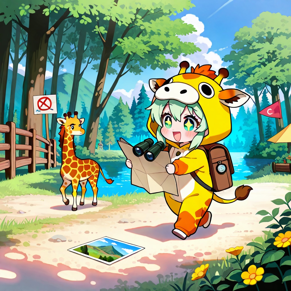 オリエンテーリングを楽しむキリン着ぐるみちび子ちゃん