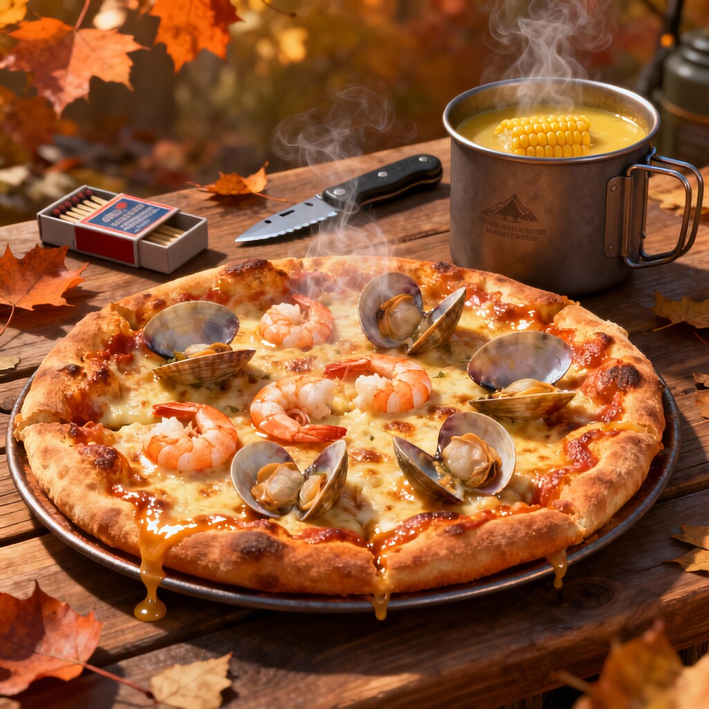 シーフードピザとコーンスープ