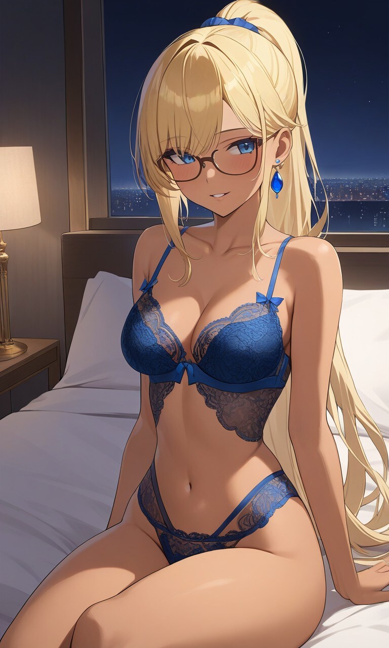 ランジェリー姿の金髪ポニーテール少女