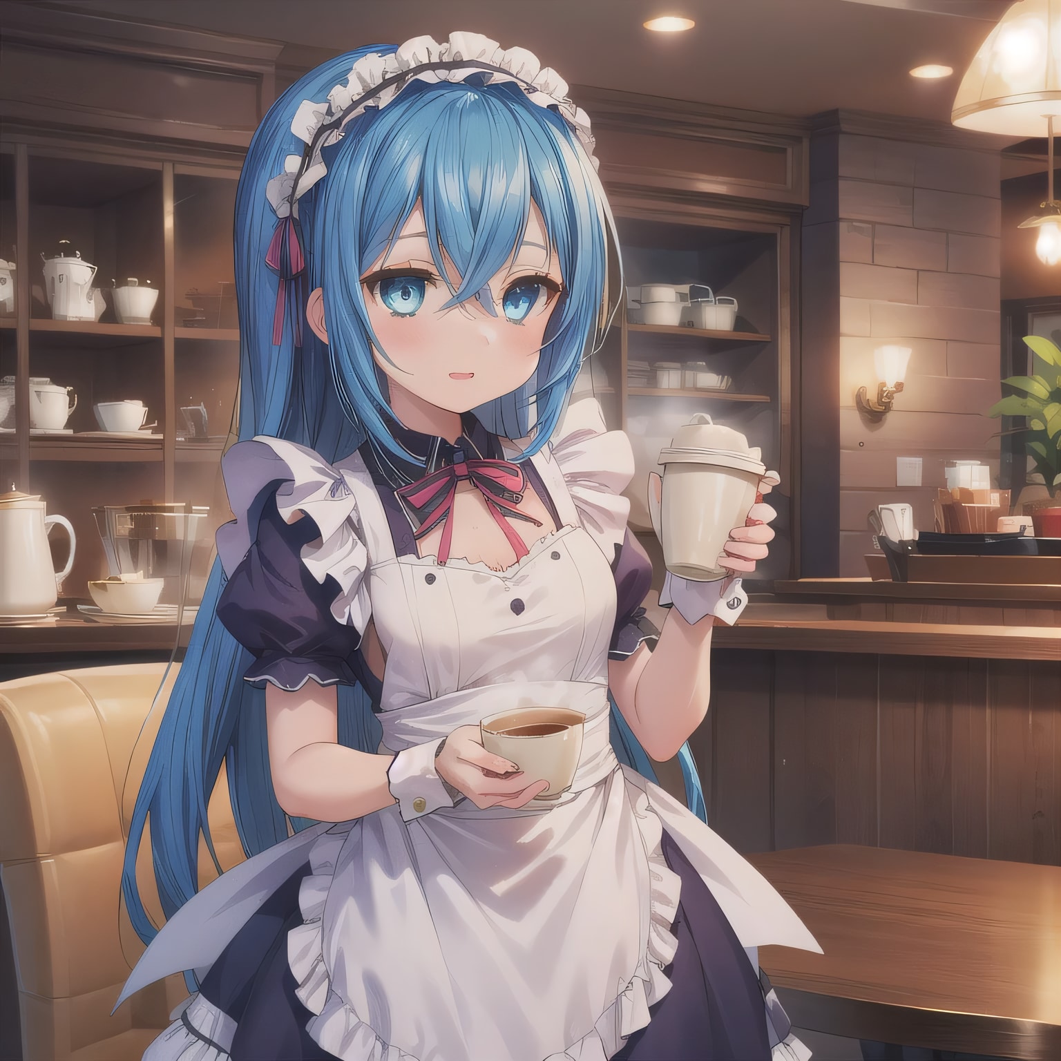 青髪ロングでカフェの少女 | の人気AIイラスト・グラビア