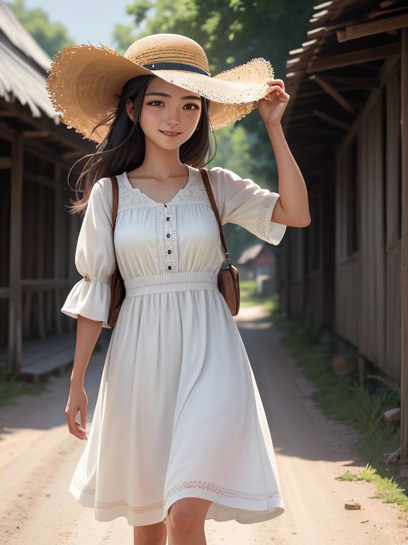 田舎道を行く麦わら帽子の少女