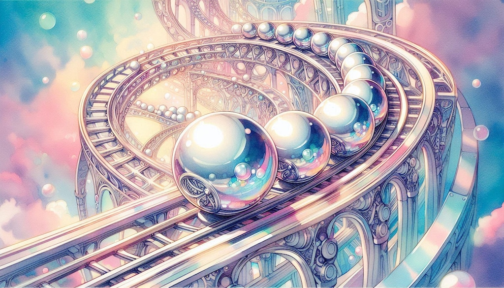 レールを転がる複数の銀の球