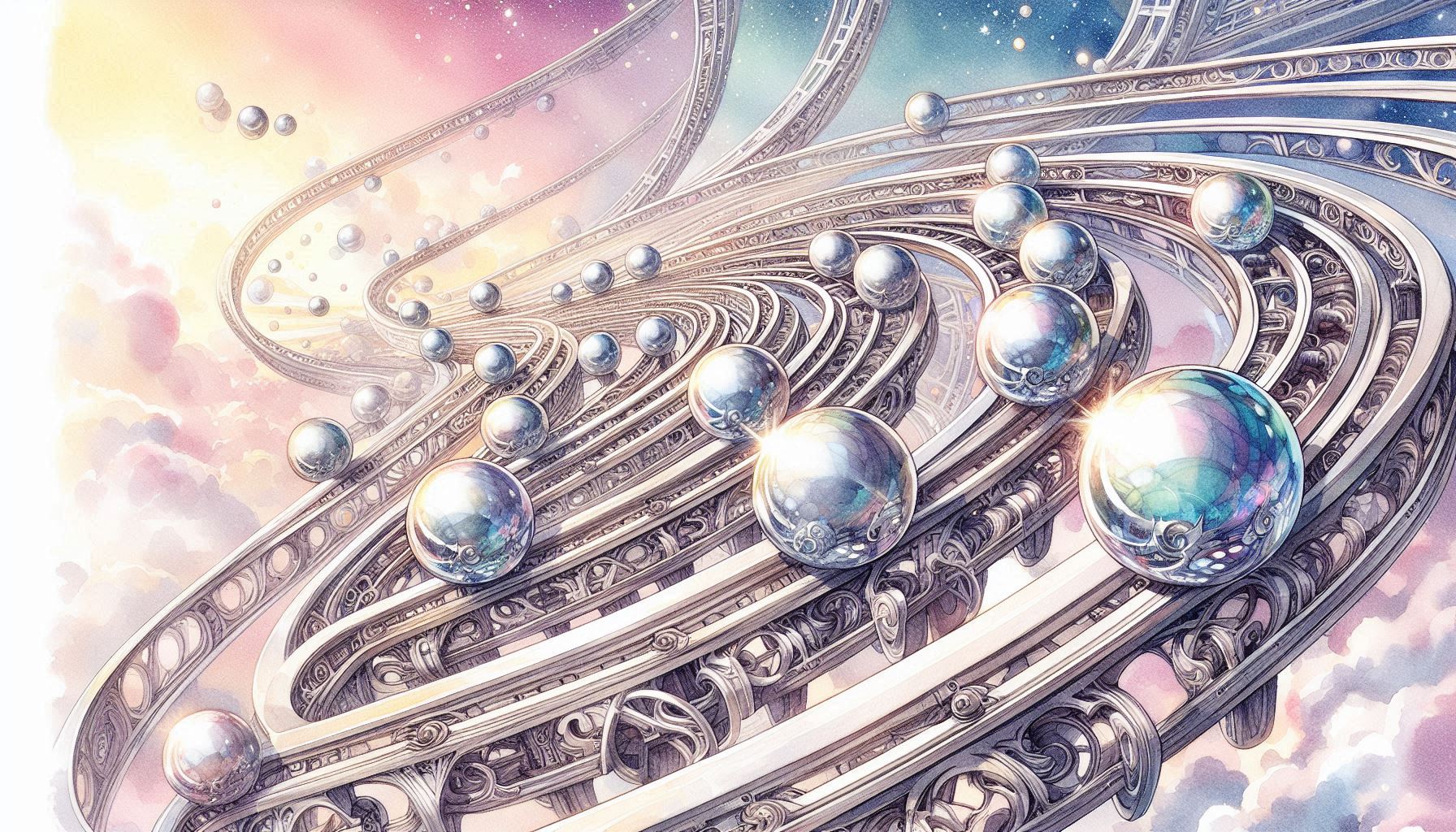 レールを転がる複数の銀の球 | の人気AIイラスト・グラビア