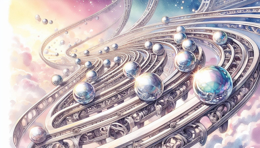 レールを転がる複数の銀の球