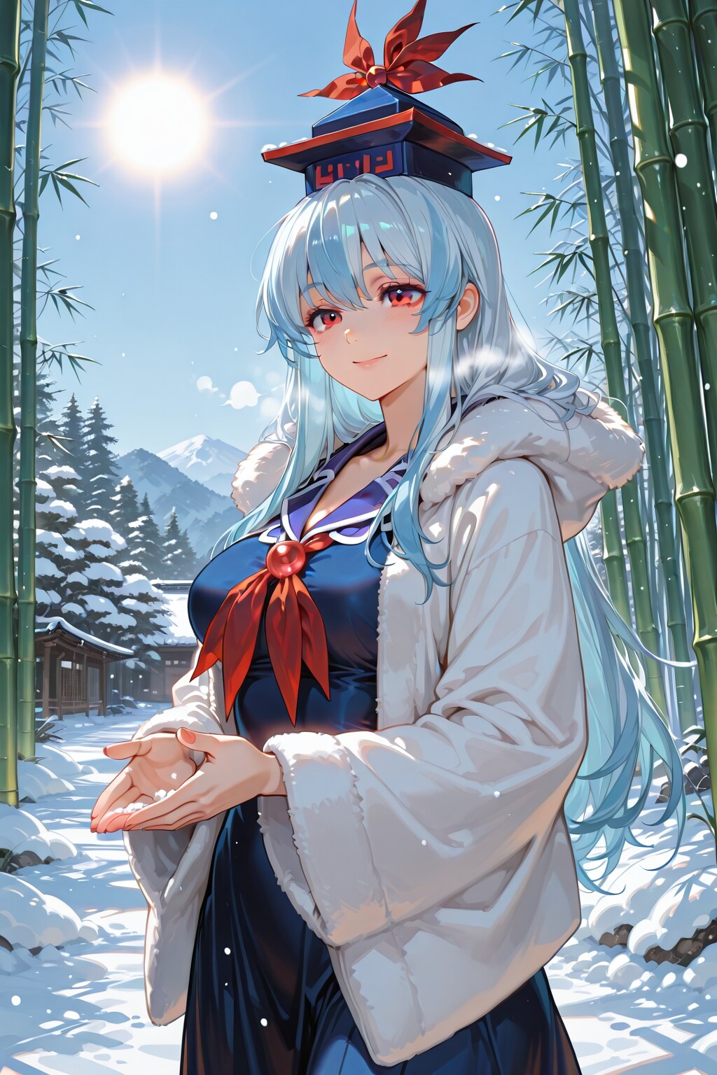 雪降る竹林、寺小屋