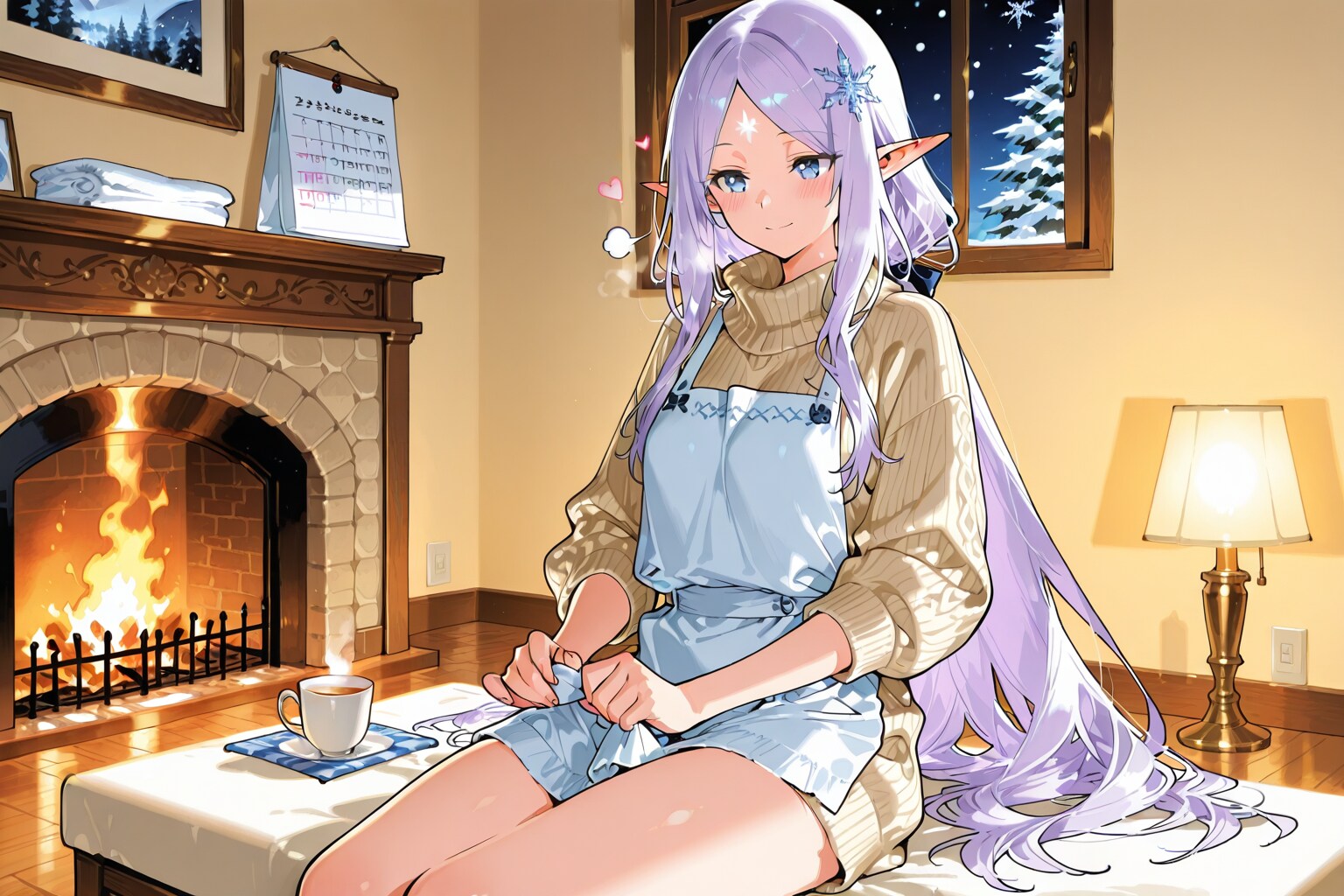 大掃除が終わりホッと一息いれているエルフの女の子