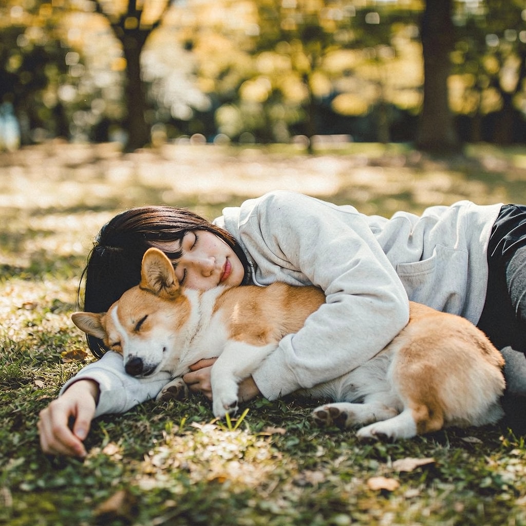 Afternoon Nap: Girl and Corgi in Sunlight