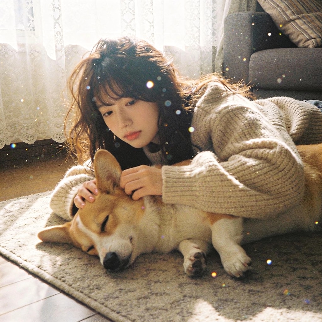 Afternoon Nap: Girl and Corgi in Sunlight