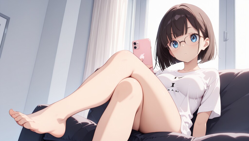 ソファに座ってスマホをいじる巨乳がTシャツでバレバレの美少女