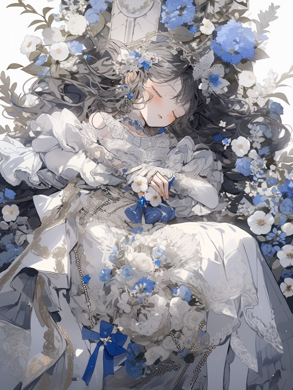 白と青の花と少女