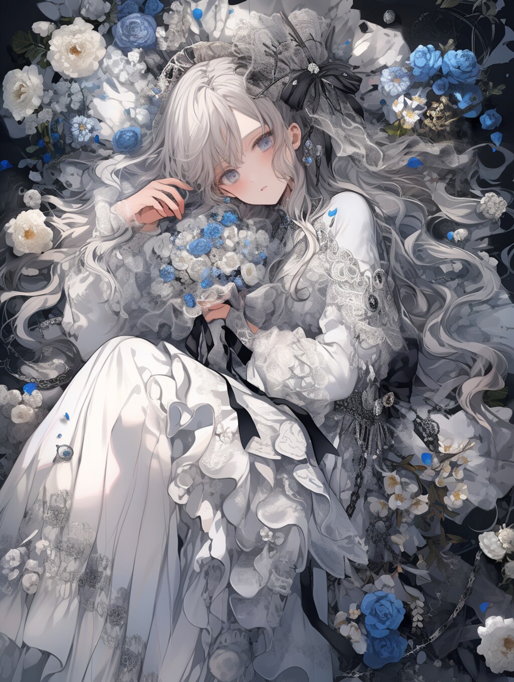 白と青の花と少女