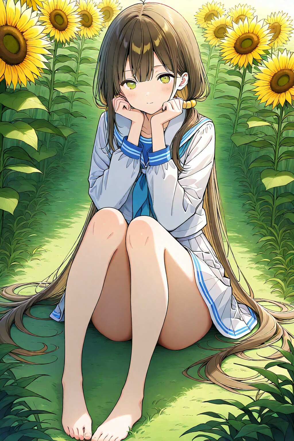 向日葵に囲まれている少女