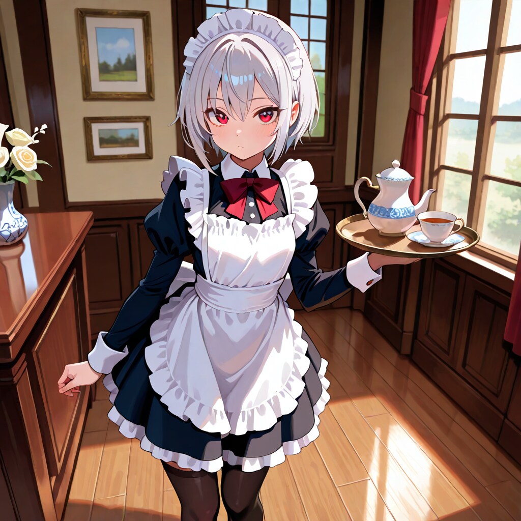 ティーポットとカップを運ぶメイドさん