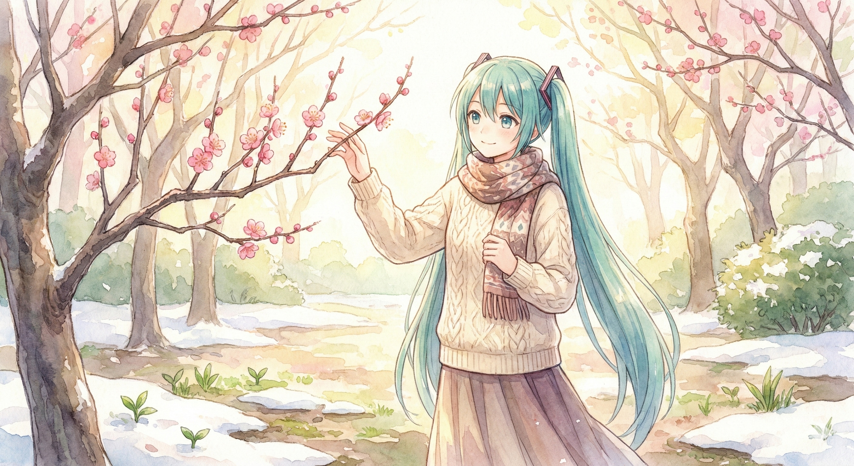 水彩画ミクさん　梅の香りと、春の足音 | の人気AIイラスト・グラビア