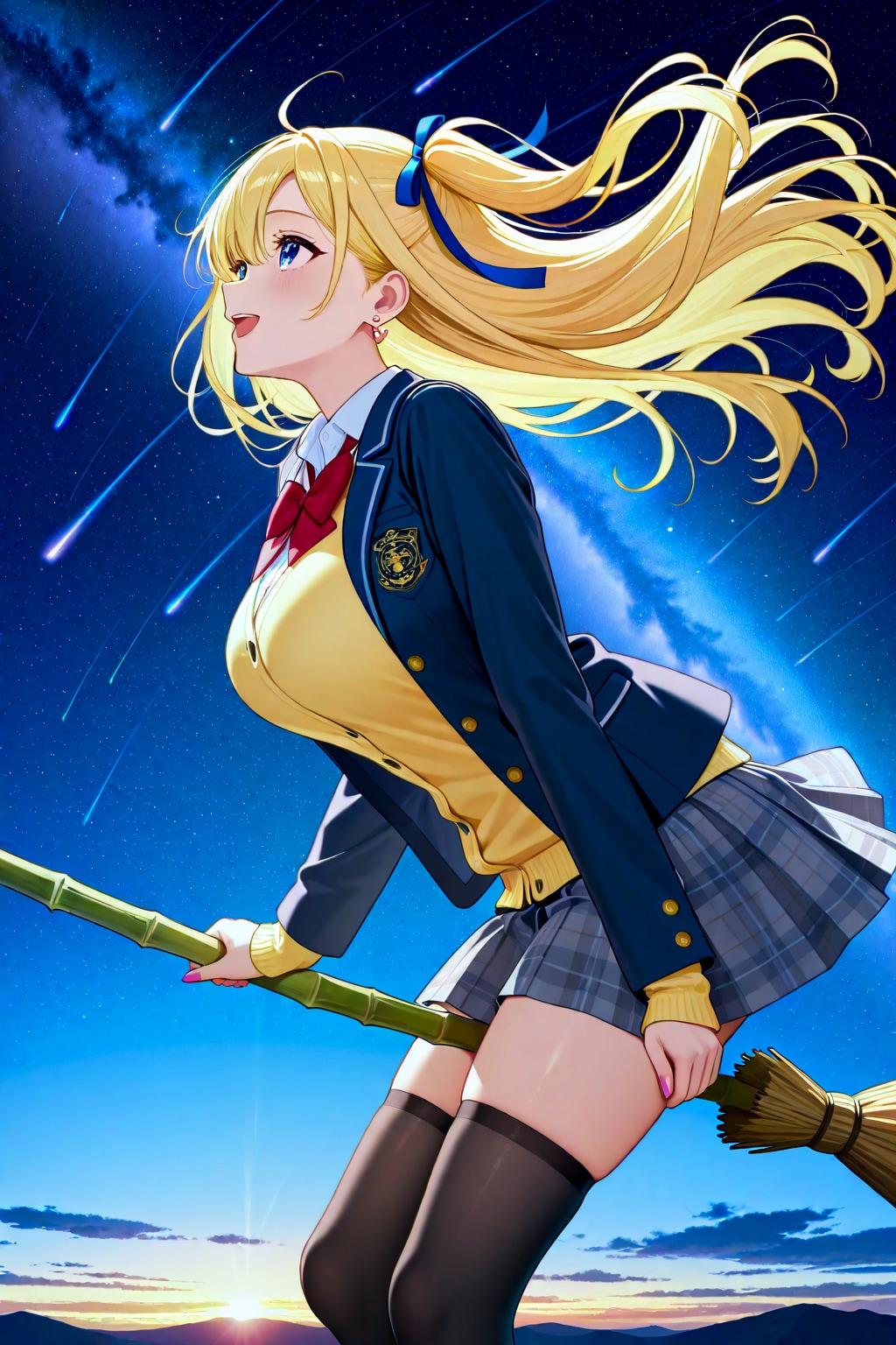 竹帚に乗って流星を眺めるナミちゃん