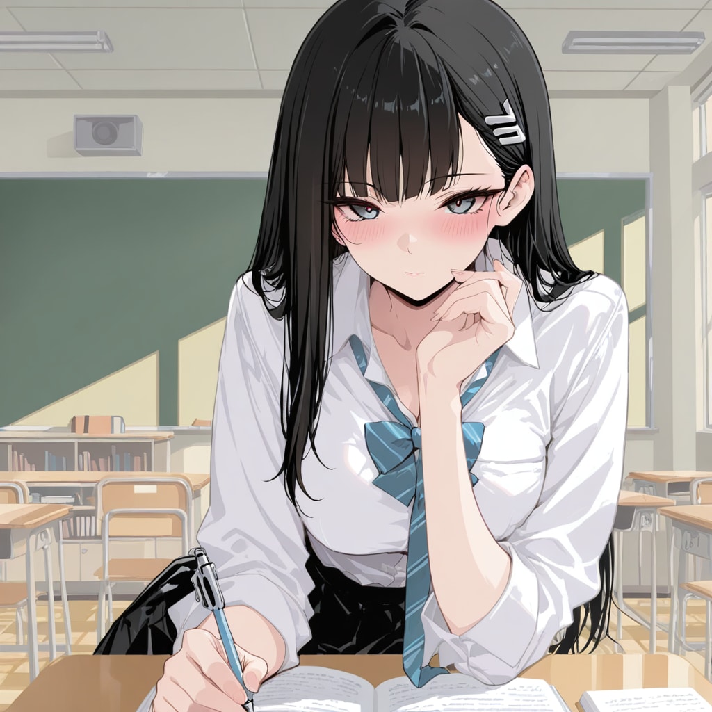 いまいち勉強に集中できない長髪黒髪少女