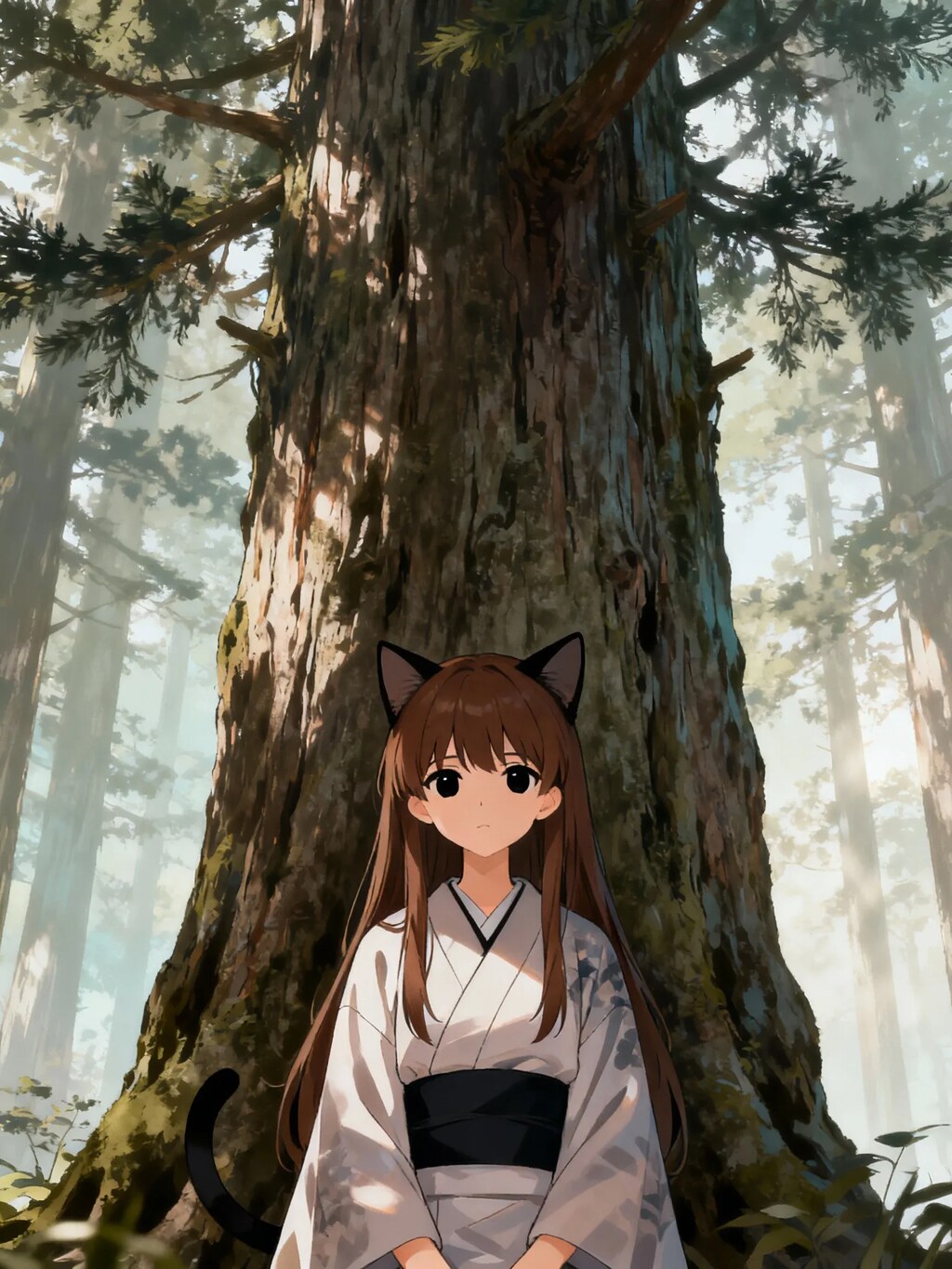 杉の大木の前に立つうちの子達