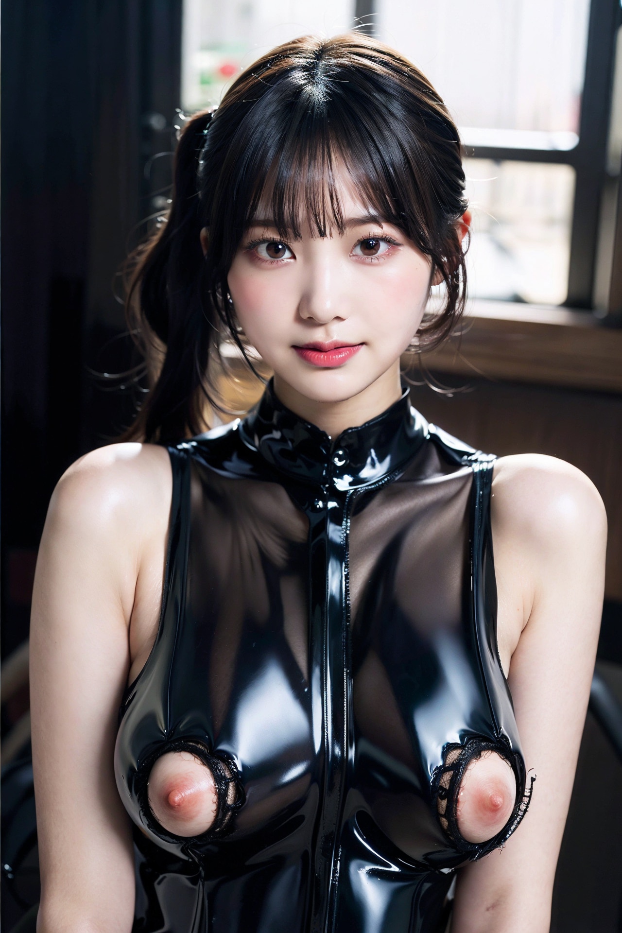 ラテックスランジェリーでポロリ