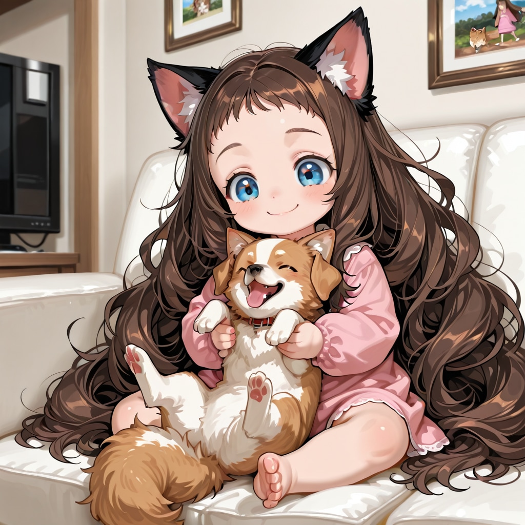 ペットとたわむれる小さな女の子