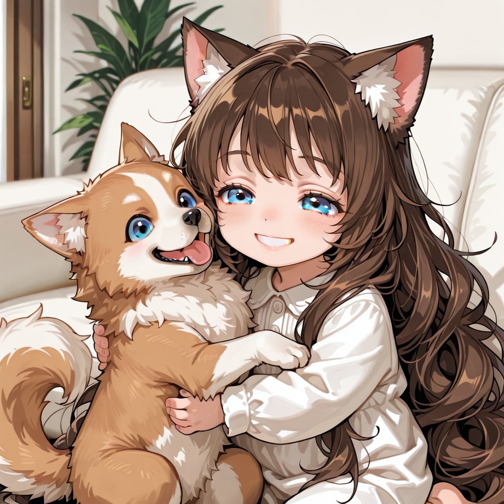 ペットとたわむれる小さな女の子