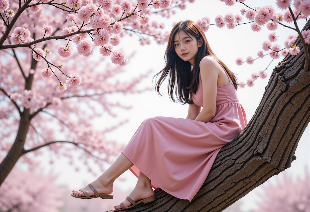 桜の木の上に座る女性