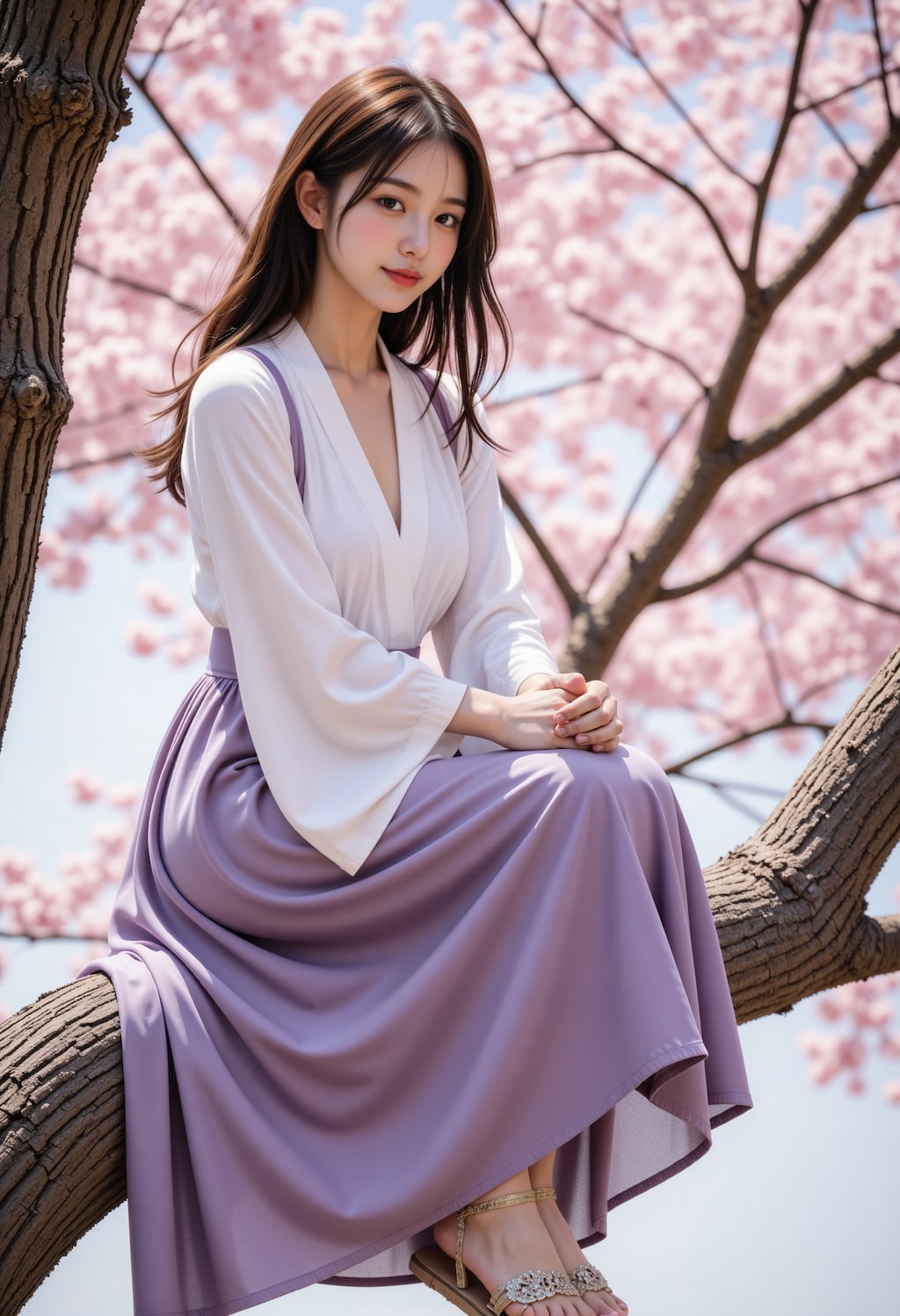 桜の木の上に座る女性