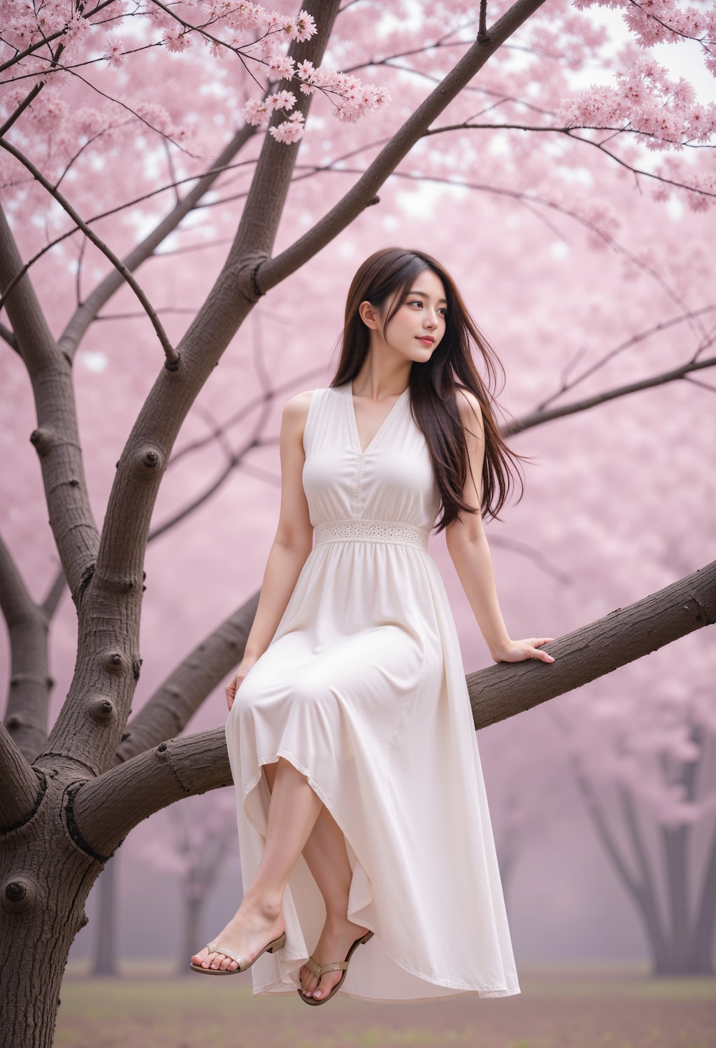 桜の木の上に座る女性