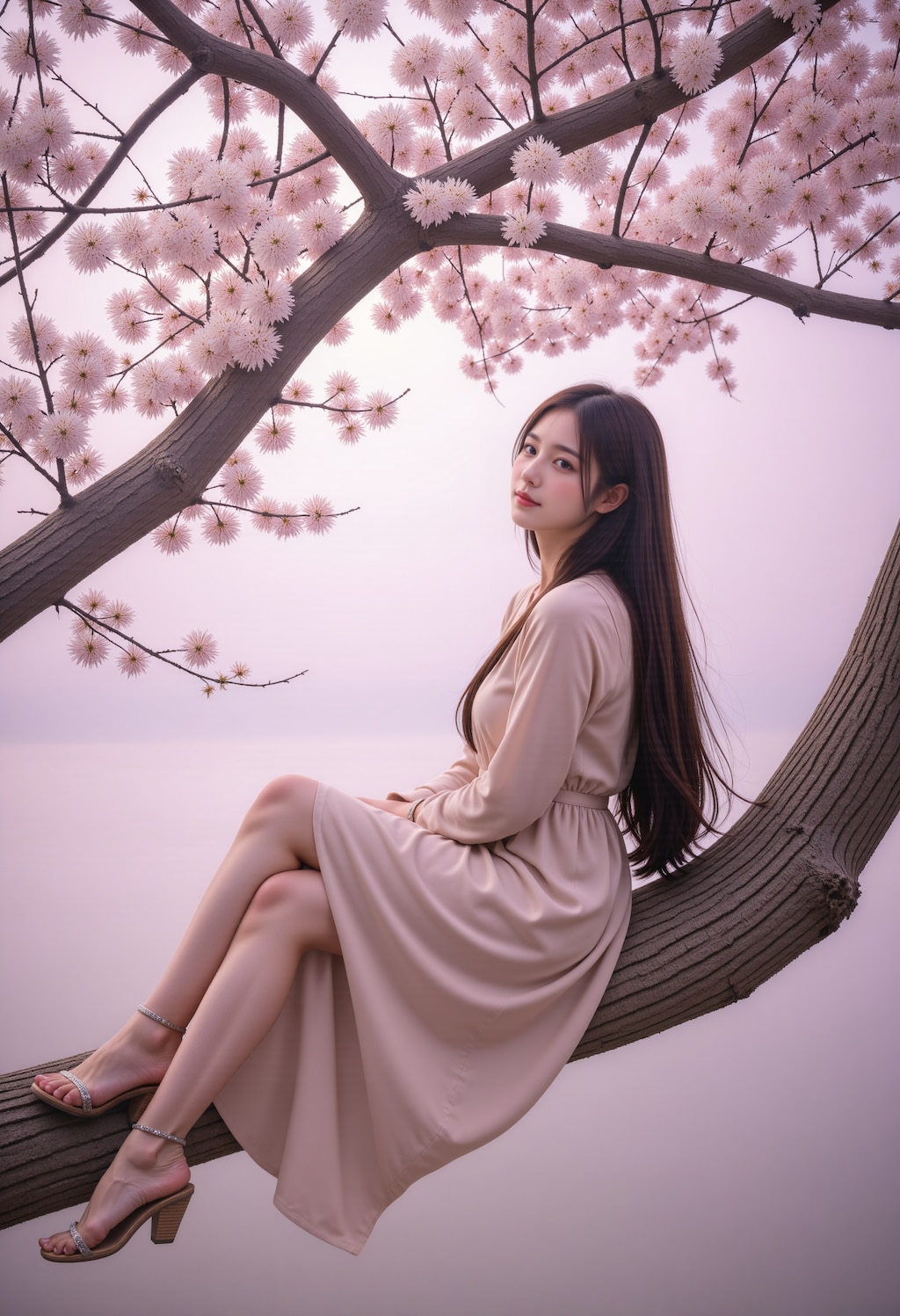 桜の木の上に座る女性