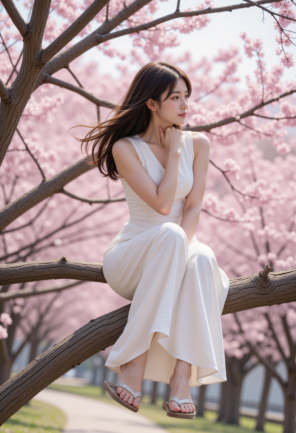 桜の木の上に座る女性