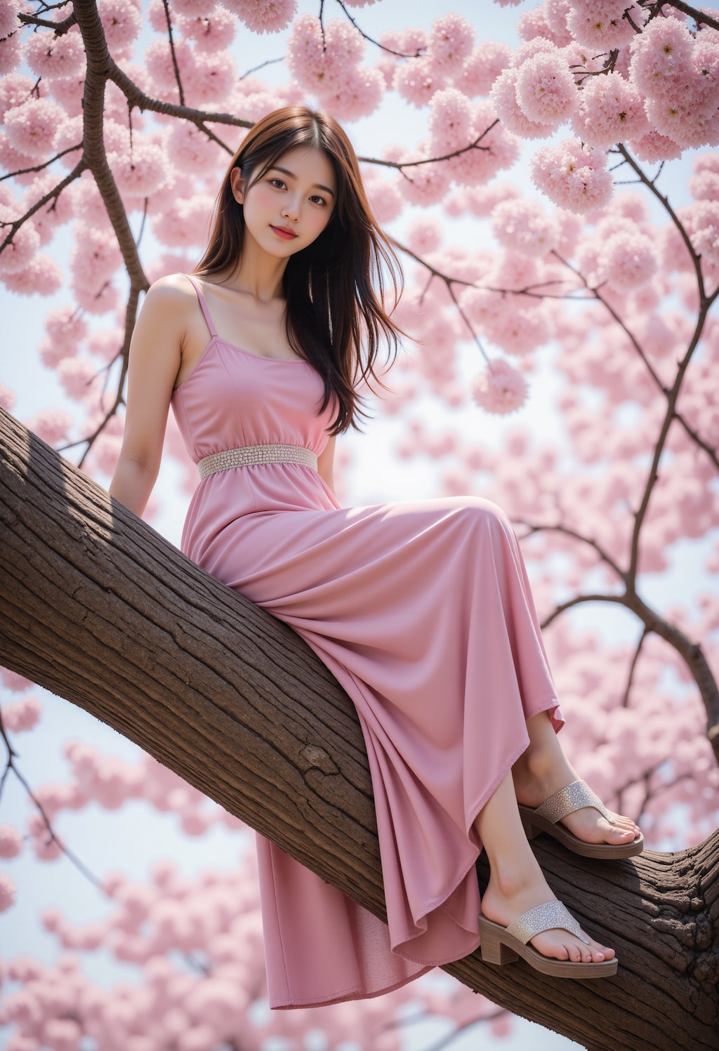 桜の木の上に座る女性