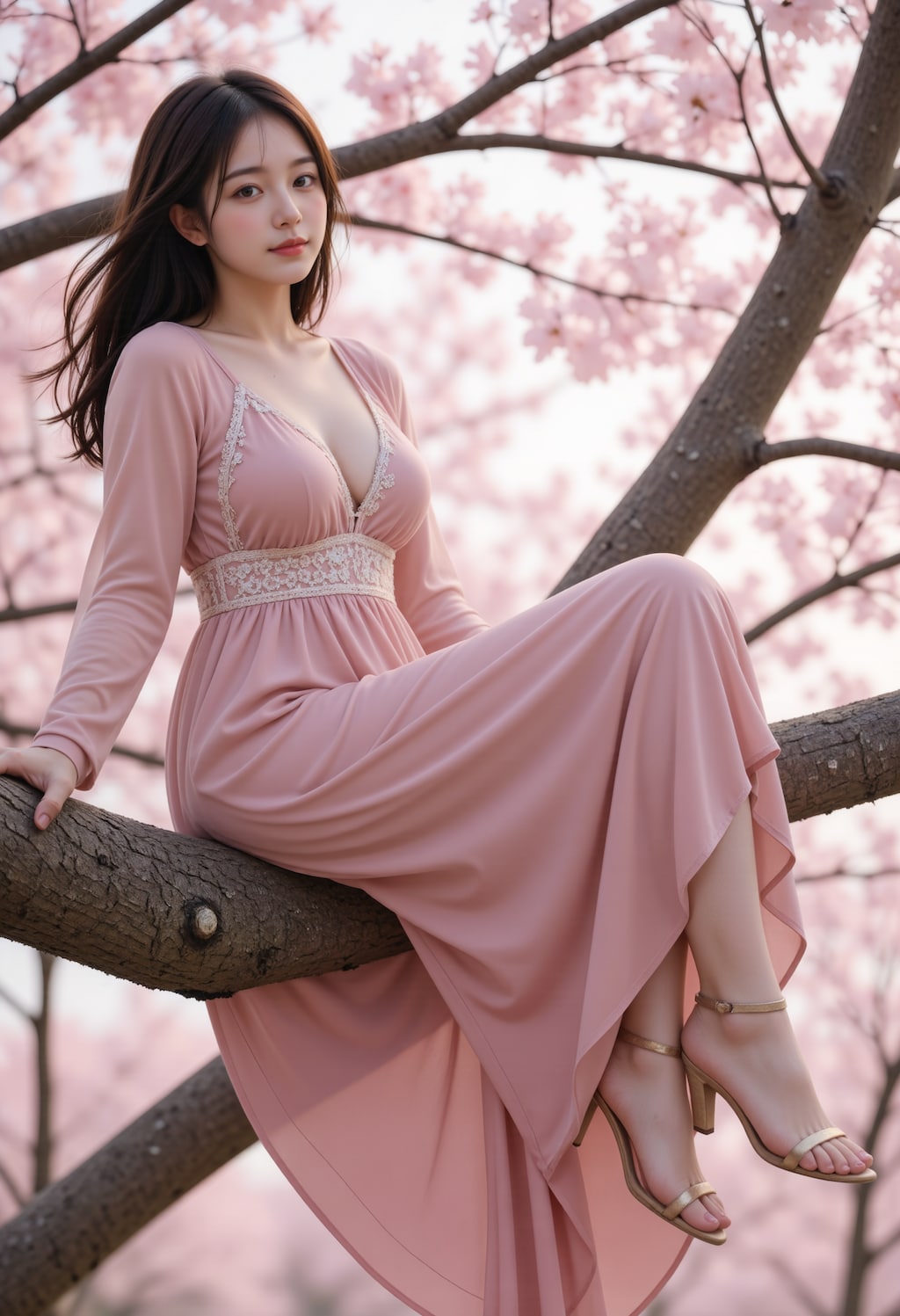 桜の木の上に座る女性