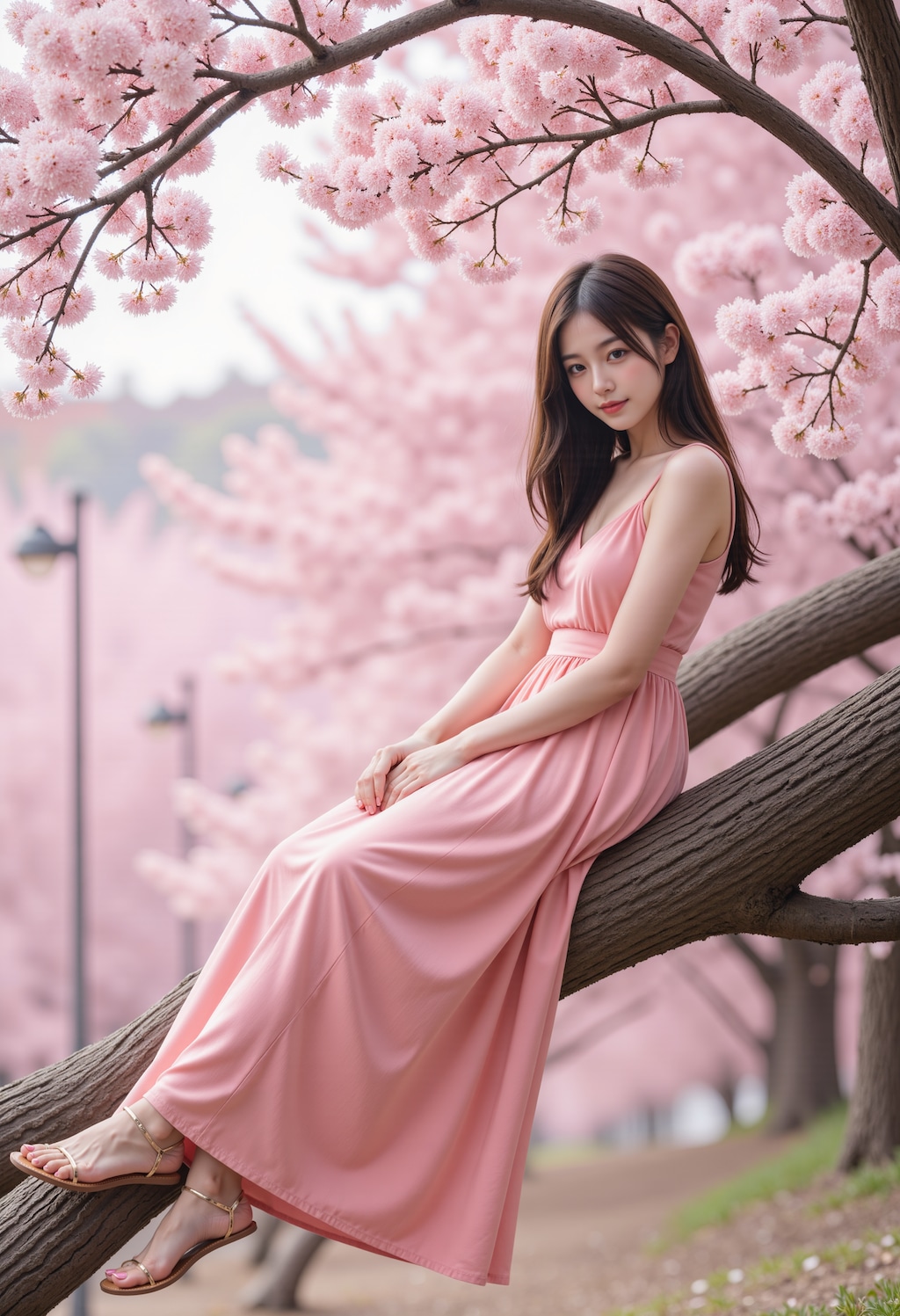 桜の木の上に座る女性