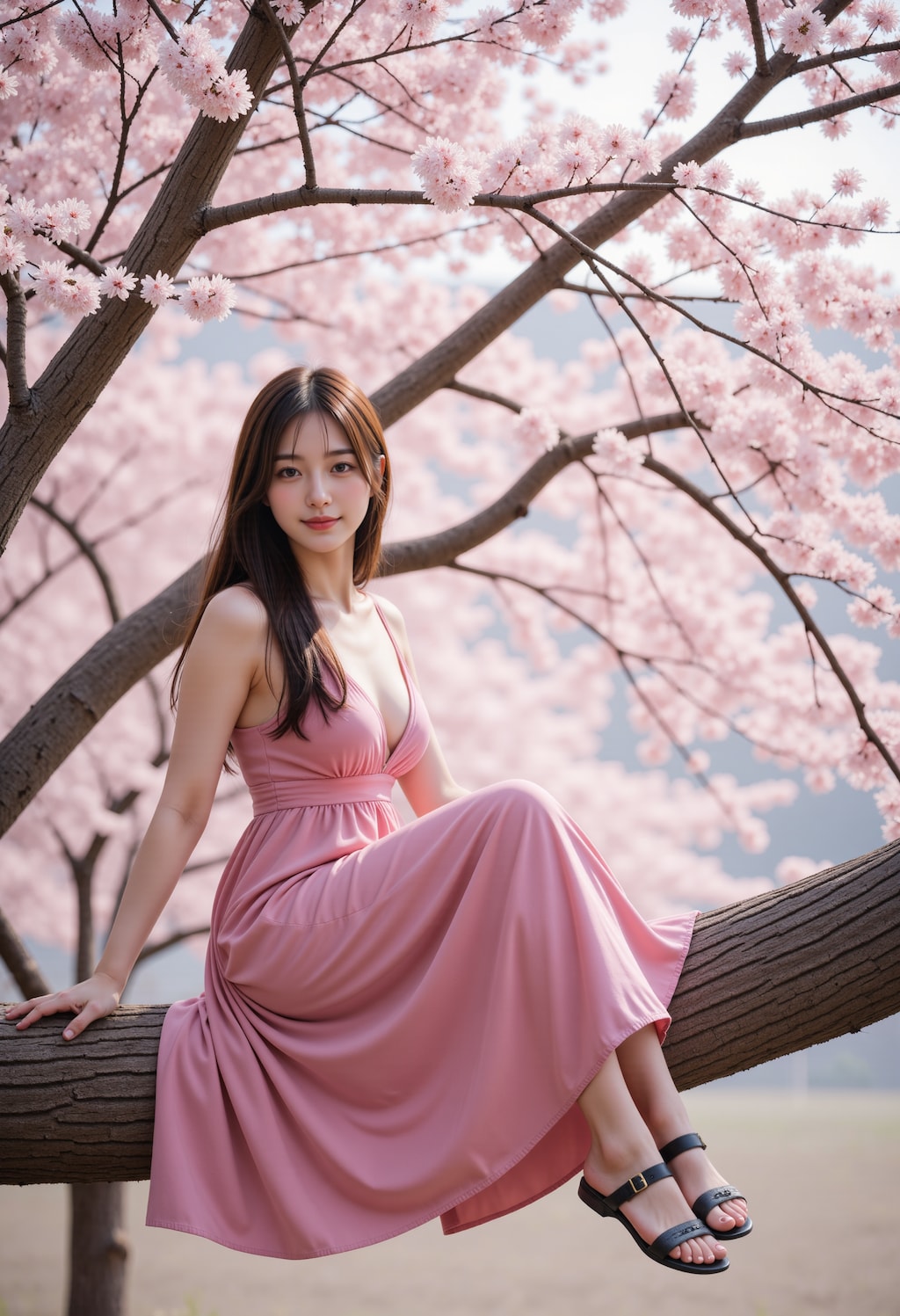 桜の木の上に座る女性