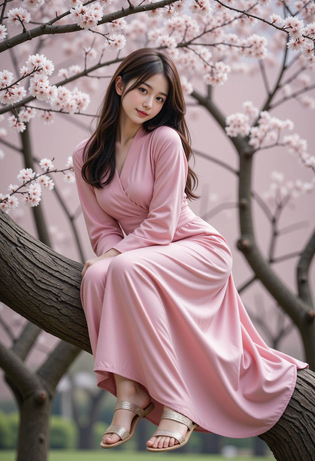 桜の木の上に座る女性