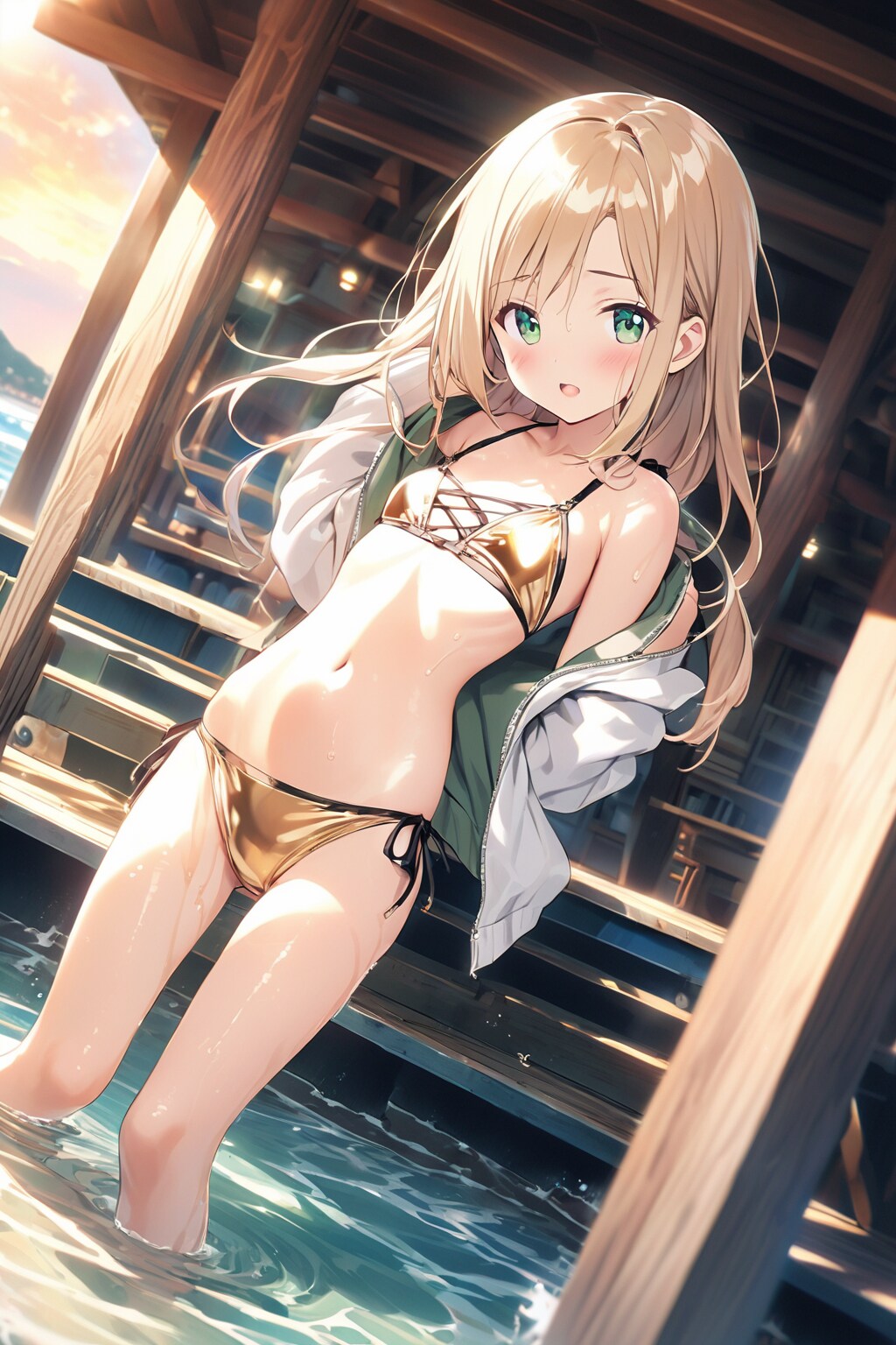 水着で膝まで浸かって夕日を浴びる金髪幼女のプロンプト参考用画像