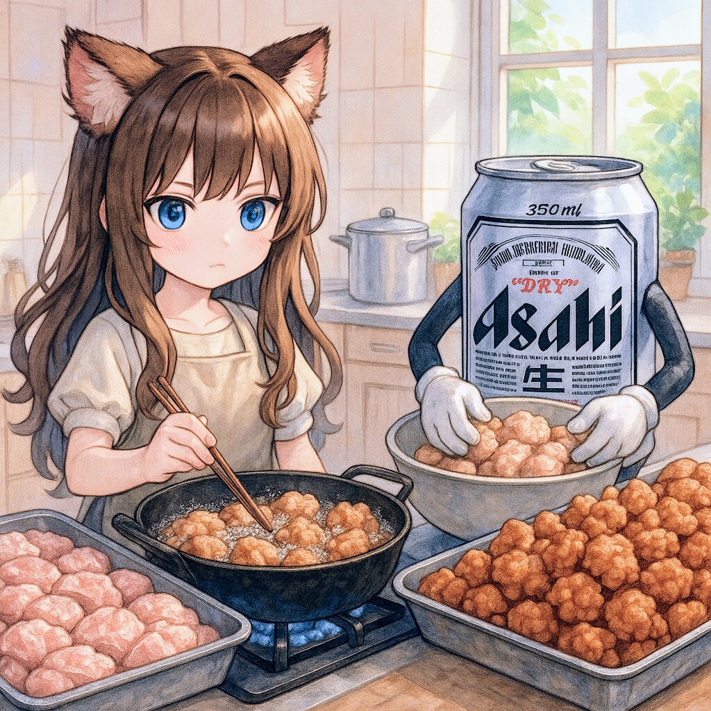 大量に唐揚げを作る小さな女の子