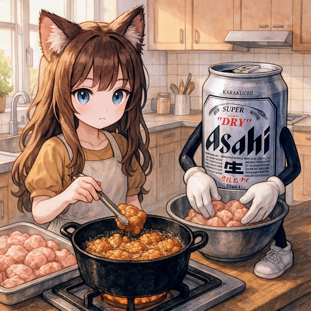 大量に唐揚げを作る小さな女の子