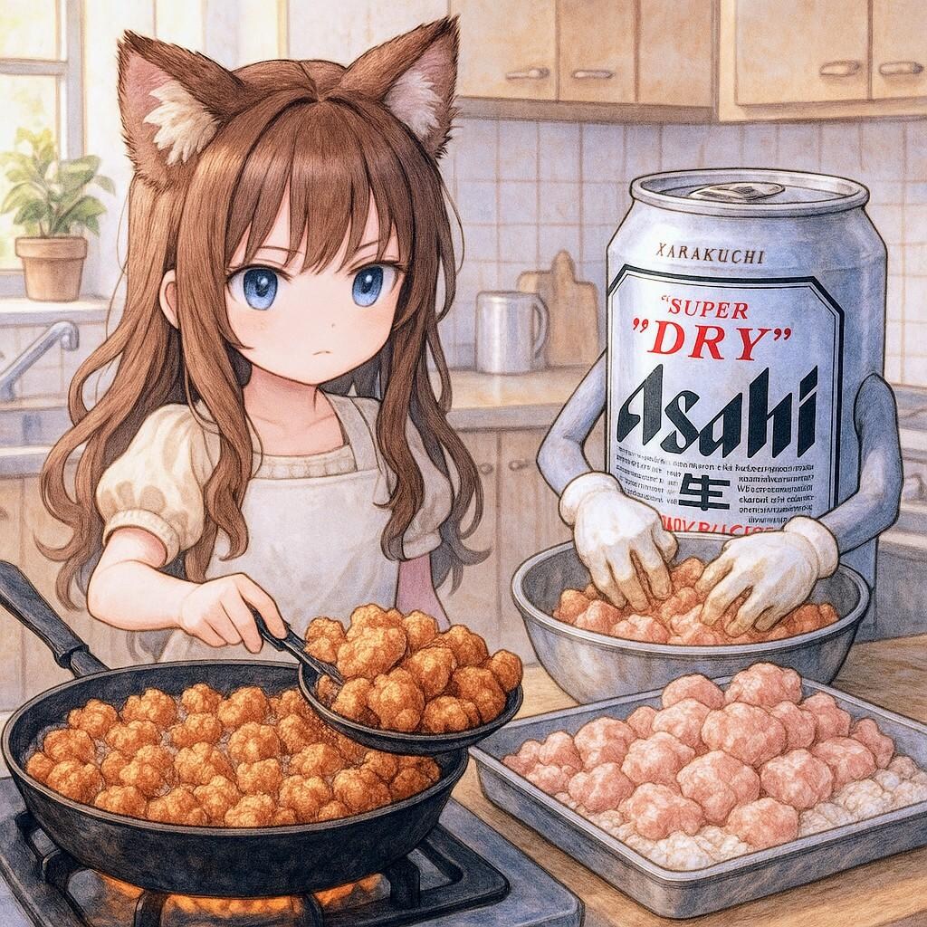 大量に唐揚げを作る小さな女の子