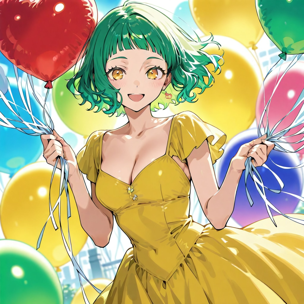 いっぱい色とりどりの風船を持つ緑色ショートカットウェーブヘアの黄色のワンピース着た美女 | の人気AIイラスト・グラビア
