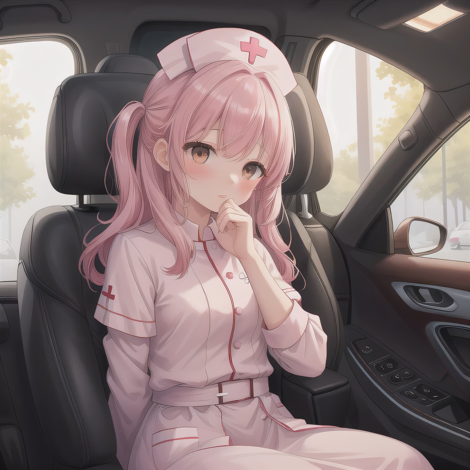 ピンク髪ロングで車内の少女２ | の人気AIイラスト・グラビア