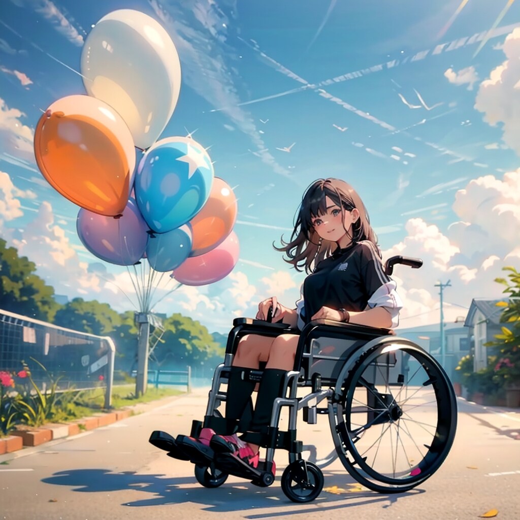 色とりどりの風船を持つ黒髪ロングのテニスウェア着た車椅子乗ってる美女 | の人気AIイラスト・グラビア