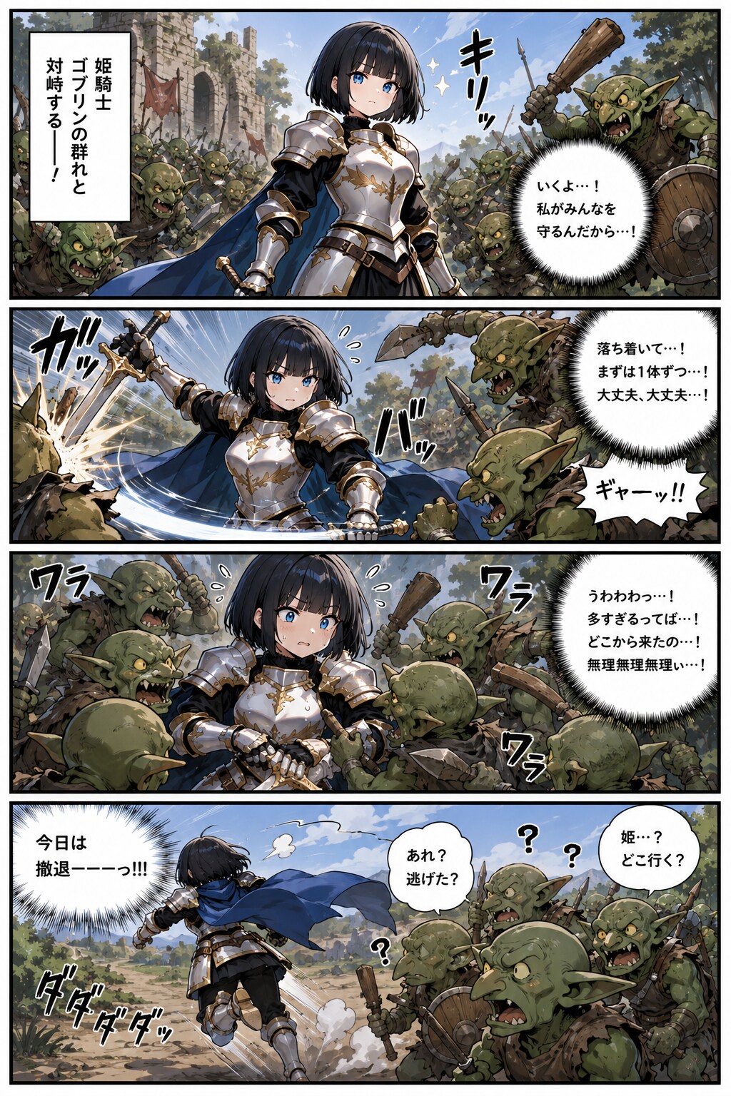 ゴブリン集団と戦う姫騎士の黒髪栞